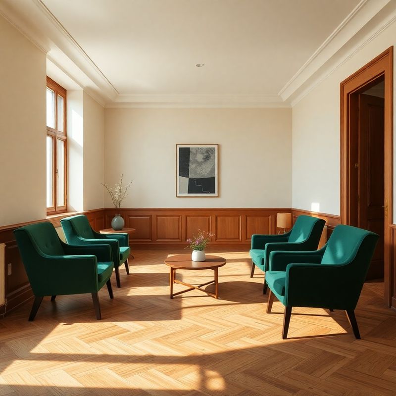 Interior of a quiet Timișoara advisory office with cream walls, deep green chairs, and warm timber floors