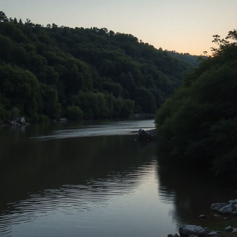A calm river at dusk with forested banks, reflecting warm cream light